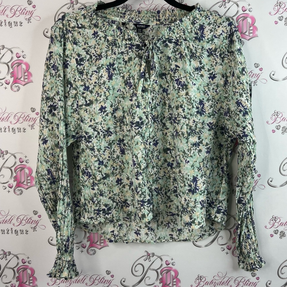 Buffalo David Bitton smocked details flowers blue Floral Blouse - Mint Green
